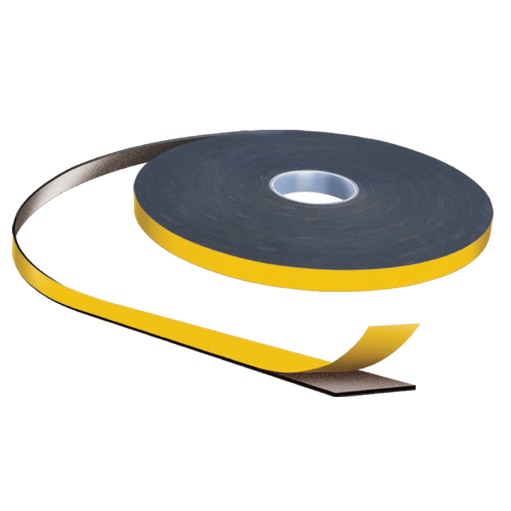 L38250_1 - Ironmongery Warehouse Roll of blue-core masking tape with yellow edges, partially unspooled and curling away from the roll.