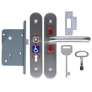 Door lock hardware: lever handle, two strike plates, latch/bolt, a wheelchair-accessibility plate, and two keys laid out.