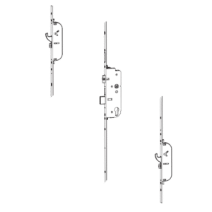 Three views of a mortise door lock: side profiles and a front view showing the latch, handle, and strike plate on a door edge.