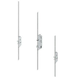 Three mortise door lock mechanisms mounted on metal strike plates, shown at different angles on a black background.