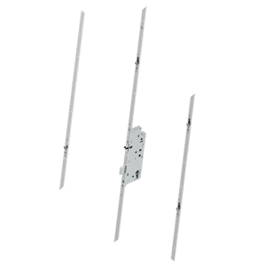 Mortise lock assembly with central lock body and two long strike rails for a door