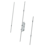 Mortise door lock with a central metal lock body and three vertical strike plates extending above and below.