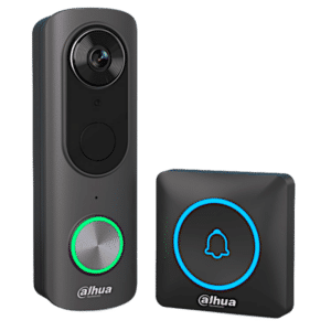 Smart doorbell with camera and a circular green-lit button beside the Dahua logo, next to a blue-lit wireless chime.