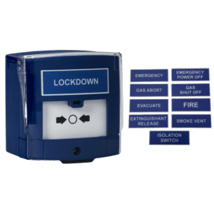 Blue lockdown device with a large 'LOCKDOWN' label and a white control panel; includes removable blue caption tabs with safety commands such as EMERGENCY, GAS ABORT, EVACUATE, FIRE, ISOLATION SWITCH, etc.