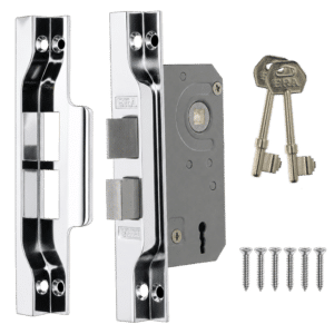 Door lockset with deadbolt, strike plates, two keys, and screws for installation.