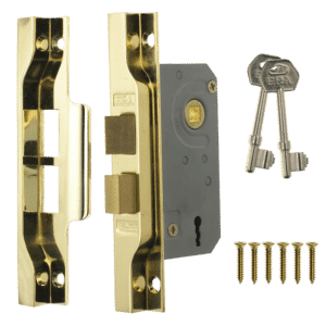 Door lock hardware set with brass strike plates, mortise lock body, screws, and two keys