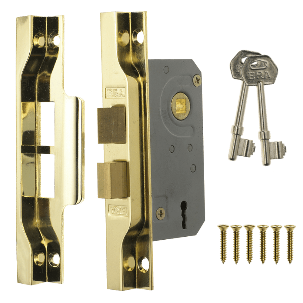 L38388_1 - Ironmongery Warehouse Door lock hardware set with brass strike plates, mortise lock body, screws, and two keys