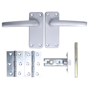Pair of silver door handles with backplates and screws, shown with hinges, latch, strike plate, and a bolt on a white background - a door hardware kit.