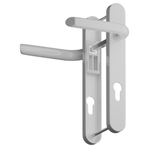 White lever-door handle and mortise lock mechanism on a vertical backplate, showing the latch and internal bolt