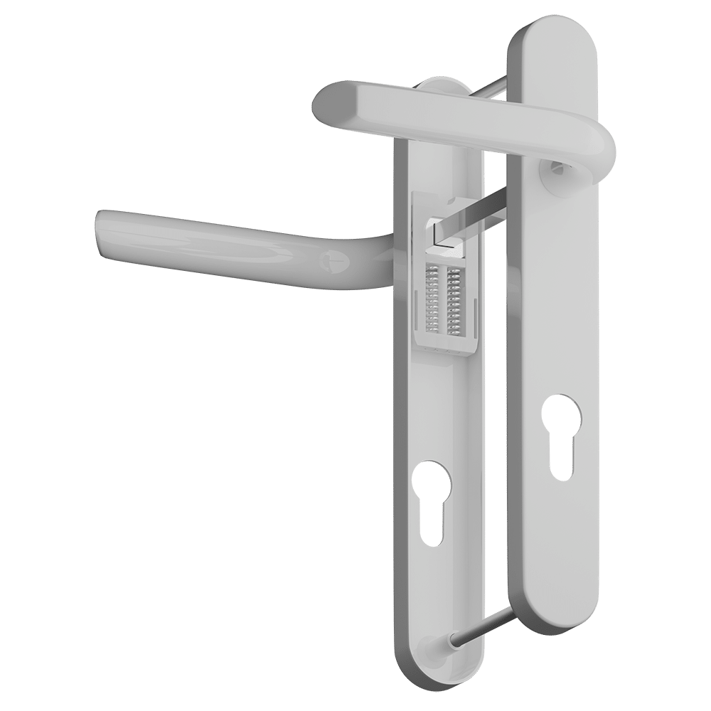 AS12502_1 - Ironmongery Warehouse White lever-door handle and mortise lock mechanism on a vertical backplate, showing the latch and internal bolt