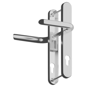 Chrome lever door handle with integrated lock on a vertical backplate (door hardware).