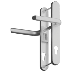 Silver lever door handle with integrated lock and vertical backplate on a modern door hardware set