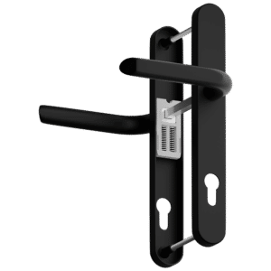 Black door handle set with a vertical backplate and integrated latch/lock mechanism, modern design for interior doors.