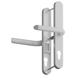 White modern door handle set with a vertical backplate and built-in lock, shown in a closed position