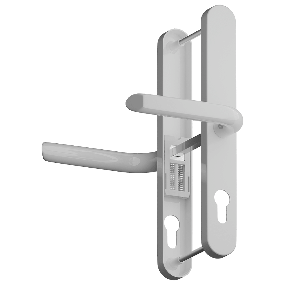 AS12508_1 - Ironmongery Warehouse White modern door handle set with a vertical backplate and built-in lock, shown in a closed position