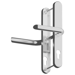 Stainless steel door lever handle with an integrated lock on a vertical metal plate