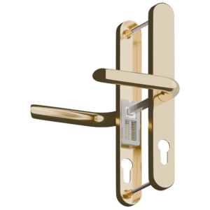 Brass door lever handle with a vertical backplate and built-in lock on a door edge