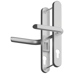 Metal door lever handle with a built-in deadbolt on a vertical backplate; silver finish and keyhole visible on the lock strip.