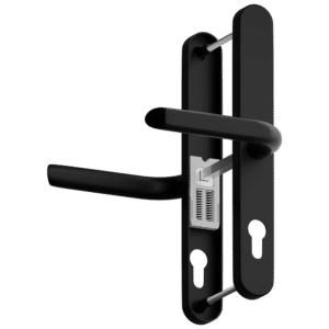 Black door lever lockset with vertical backplates and central latch, shown from the side