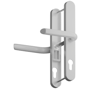 White lever door handle with built-in lock and latch on a vertical backplate.
