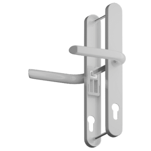 White electronic door lock with a vertical backplate and horizontal lever handle