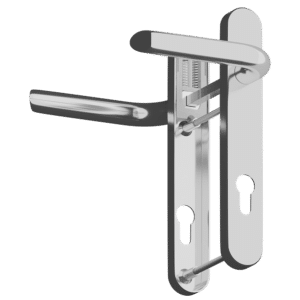 Lever-style door handle with a built-in mortise lock in polished metal.