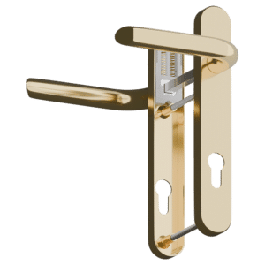 Gold finish lever door handle with built-in lock and backplate.