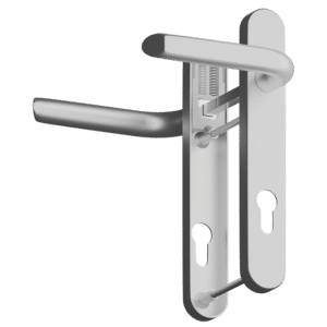 Mortise door lock with a curved lever handle and exposed mechanism in metal finish