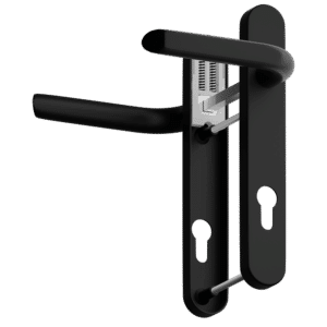Black door lever handle attached to a metal strike plate with visible latch mechanism