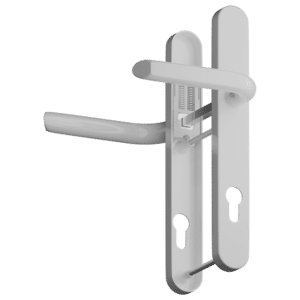 White lever door handle with vertical backplate and exposed latch mechanism