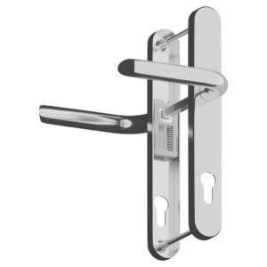 Chrome door handle with lever action on a vertical backplate, showing an integrated lock mechanism and keyhole (front view).