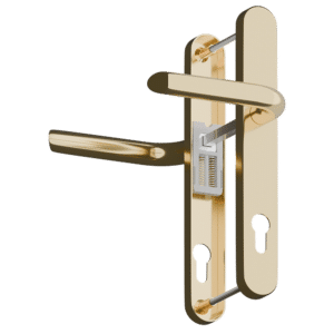 Gold-tone lever door handle with a rectangular backplate and integrated mortise lock, shown in an open position with keyhole cutouts on the plate