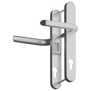 Silver door lever handle on a vertical backplate with a built-in lock, shown in side view