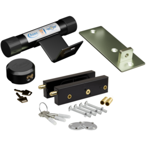 Door security kit with strike plate, latch, mounting brackets, screws, and small metal components for reinforcing a door frame.
