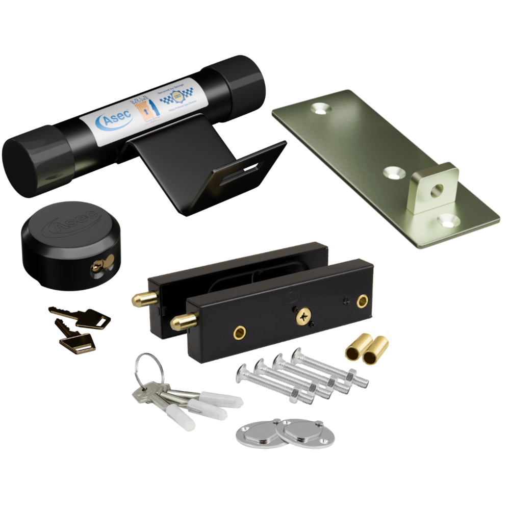 AS12646_1 - Ironmongery Warehouse Door security kit with strike plate, latch, mounting brackets, screws, and small metal components for reinforcing a door frame.