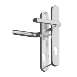 Chromed door handle and deadlock mechanism with a lever on a vertical mounting plate