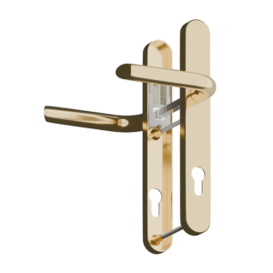 Gold door handle with a vertical backplate and exposed internal locking mechanism on a polished gold finish.
