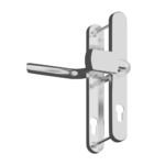 Polished door lever lock with vertical backplates and a horizontal lever, shown in open position against a black background.