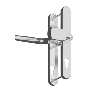 Polished door lever lock with vertical backplates and a horizontal lever, shown in open position against a black background.