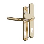 Gold door lock lever with strike plates and keyhole inset, shown in open hardware design