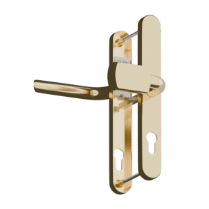 Gold door lock lever with strike plates and keyhole inset, shown in open hardware design