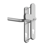 Door handle and mortise lock installed on a double vertical backplate with keyhole cutouts (front view).