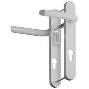White door handle/lever set on a vertical plate with dual curved levers and a visible latch mechanism