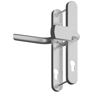 Silver door lever handle mounted on a vertical backplate with latch mechanism behind the door frame seizing. (Door hardware)