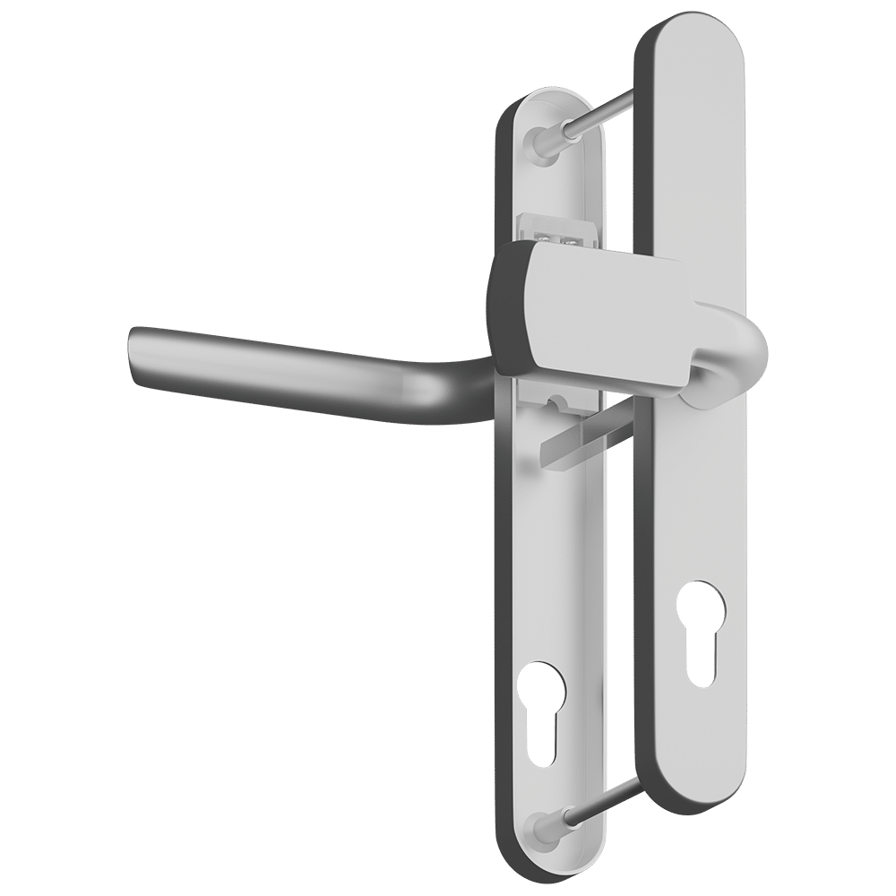 AS12657_1 - Ironmongery Warehouse Silver door lever handle mounted on a vertical backplate with latch mechanism behind the door frame seizing. (Door hardware)