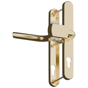 Polished brass door handle and lockset mounted on a vertical backplate with a latch.