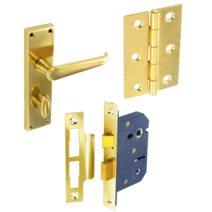 Gold door hardware set with door handle, latch, strike plate, and mortise lock components on black background (assembly kit)
