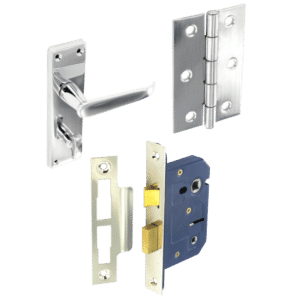 Set of door hardware components: lever handle, hinge, strike plate, and mortise lock mechanism on a black background