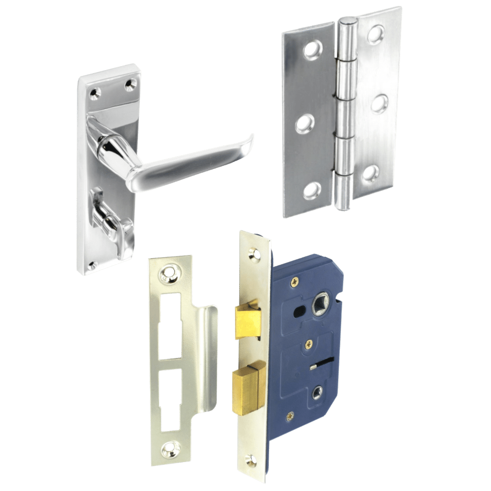 AS12696_1 - Ironmongery Warehouse Set of door hardware components: lever handle, hinge, strike plate, and mortise lock mechanism on a black background