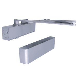 Metal door closer with wall-mounted housing and arm, used to automatically close a door to prevent slamming.